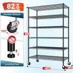 82" H X45 W X18 D Storage Shelves with Wheels, 6 Tier Wire Shelving Adjustable Metal Shelving Pantry Shelves Capacity 1200LBS for Garage Shelving, Pantry, Kitchen, Closet, Black,2P