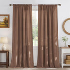 NICETOWN Thick Linen Semi Sheer Gold Brown Curtains for Famhouse, Pleat Tape Semi Sheer Drapes Privacy Added with Light Filtering Window Treatments for Bedroom, W52 x L95, 2 Panels
