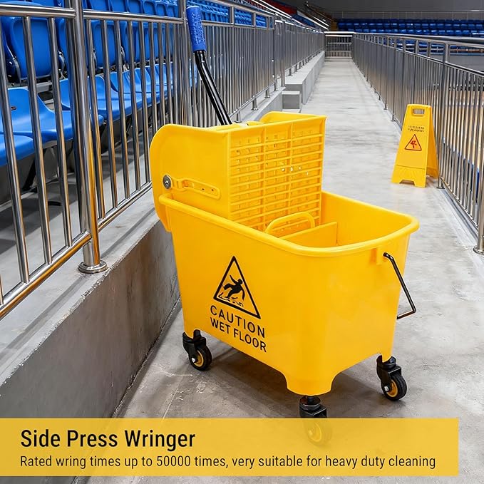 Fafeicy Mop Bucket, 20L Commercial Side Press Wringer Mop Bucket with Wheels and Handle for Floor Cleaning in Restaurants Offices Industrial Sites