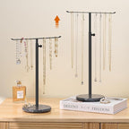 Black Necklace Holder Jewelry Organizer Stand – Adjustable Height T‑Bar Jewelry Display with Dark Gray Marble Base, Necklace & Bracelet Holder, Countertop Jewelry Rack