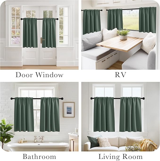 PONY DANCE Dark Green Blackout Cafe Curtains 24 inch Long, Thermal Insulated Small Window Curtains for RV Camper, Privacy Basement Short Drapes, W 29 x L 24 inches, 2 Panels Set