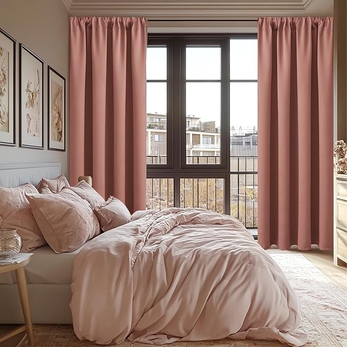 JIUZHEN Blackout Curtains for Bedroom - Thermal Insulated Noise Reducing Privacy Short Curtain for Living Room, Set of 2 Panels with Tiebacks, 42 x 54 inches Long,Dusty Rose