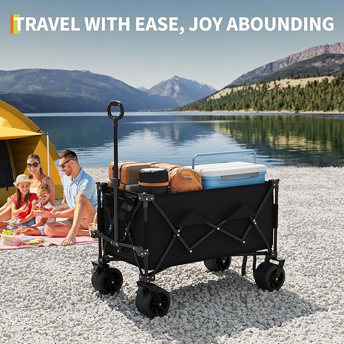 35" Foldable Wagon for Beach with 350lbs Weight Capacity, Heavy Duty 280L Extra Large Collapsible Foldable Wagon for Camping, All Terrain Beach Wagons Extended with Cup Holders for Sand