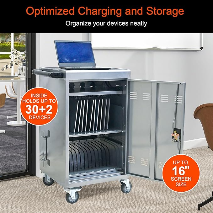 Laptop Charging Cart,32 Devices Tablet Storage Carts for Pad Up to 16.3" Screen Size, Classroom Computer Mobile Charging Station for Pads,Chromebooks,Laptops,Security Storage (30+2 Bay-Silver)