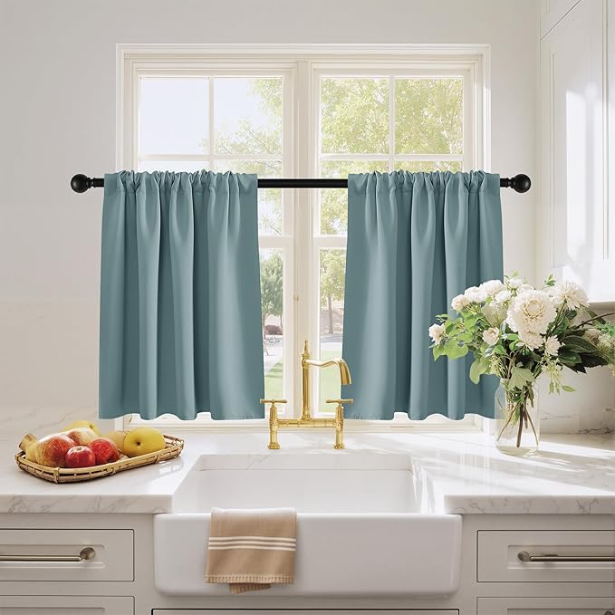 PONY DANCE Blackout Short Cafe Curtains, Privacy Light Block Small Window Curtains for Bedroom Kitchen Basement Dining Classroom, W 29 x L 24 inches, Greyish Blue, 2 Panels