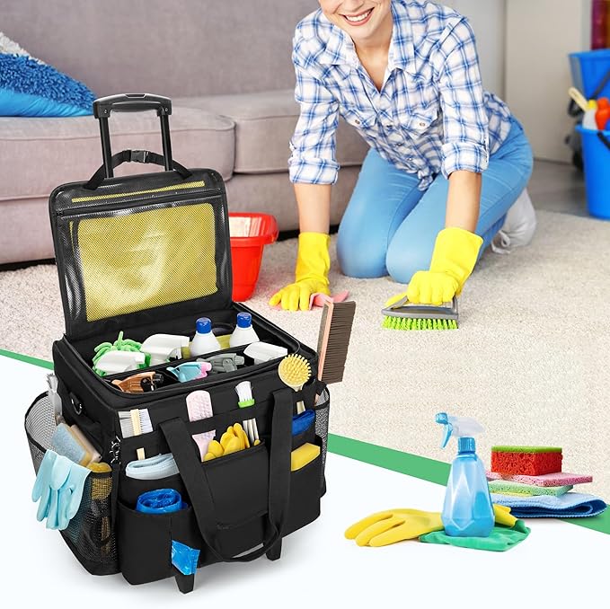 LoDrid Rolling Cleaning Caddy with Lid, Cleaning Supplies Organizer with Detachable Trolley, Cleaning Caddy Cart on Wheels with Handle and Shoulder Strap for Housekeepers, Black, Bag Only
