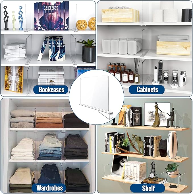 4 Pack Clear Acrylic Shelf Dividers for Closet Shelf Organizer of Bedroom Kitchen Office Bathroom Organizer for Clothes Books Hats and Handbags