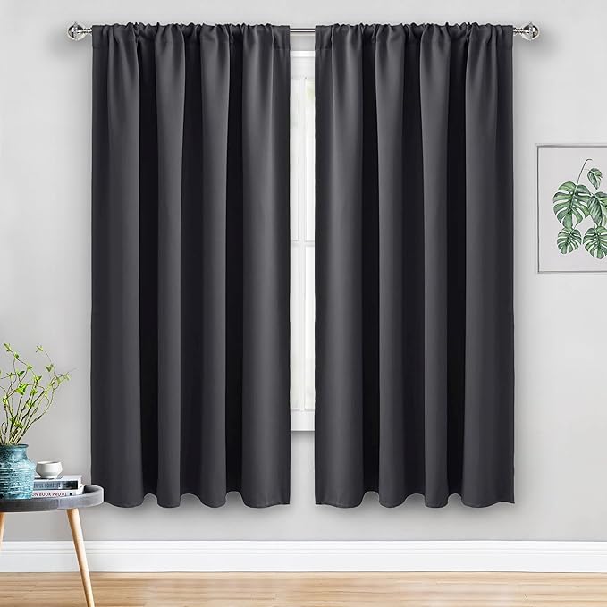 JIUZHEN Blackout Curtains for Bedroom - Thermal Insulated Room Darkening Noise Reducing, 52 x 63 Inch Length Curtains for Living Room, Set of 2 Panels with Tiebacks, Dark Grey
