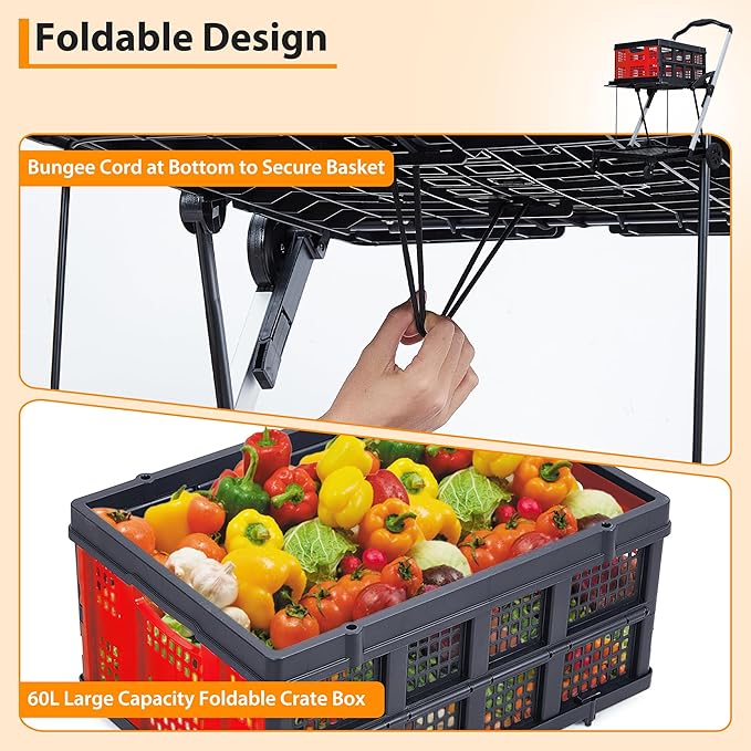 Heavy-Duty 2-Tier Collapsible Shopping Cart with Wheels – Portable Collapsible Utility Trolley – Removable Storage Crate, 198 lb Capacity, Lightweight – Ideal for Groceries, Home, Supermarkets – Red