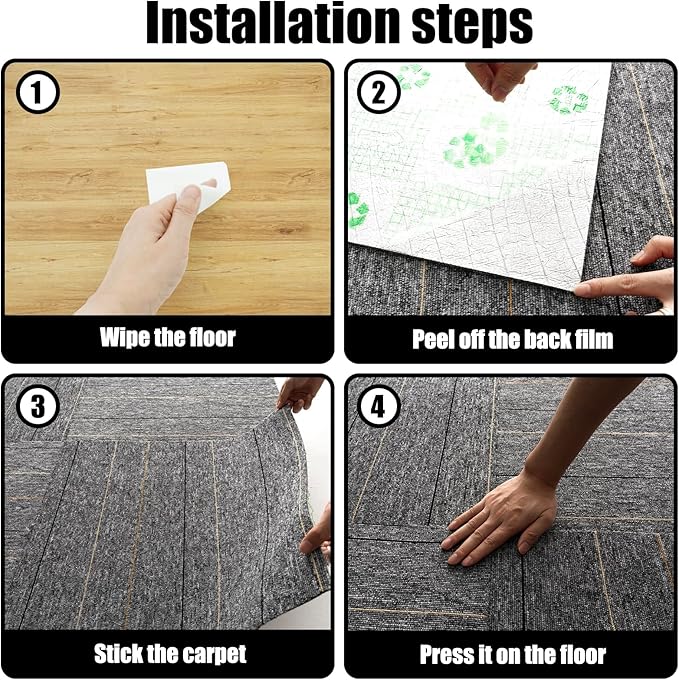 24 * 24in Self-Adhesive Carpet Tiles, Peel and Stick Floor Squares for Home Office, Removable Decorative Rug Mat, Easy Install, Sound Absorbing (10Pcs Light Grey)