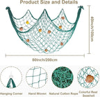 80x40 Inch Decorative Fishing Net w/Shells & Clips, 3mm Thickness Aqua Natural Cotton Large Photo Hanging Fishnet, Wall Party Decorations for Nautical Pirate Hawaii Underwater Mermaid Themed Party