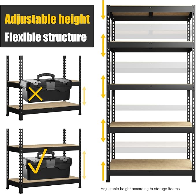 PrimeZone Storage Shelves 4 Packs 5 Tier Adjustable Garage Storage Shelving, Heavy Duty Metal Storage Utility Rack Shelf Unit for Warehouse Pantry Closet Kitchen, 35.5" x 15.75" x 71", Black