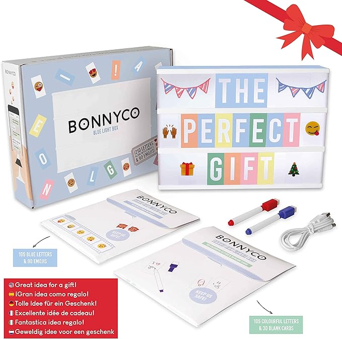 BONNYCO Blue Cinema Light Box with 400 Letters, Emojis and 2 Markers. Led Light Box Boy Bedroom Decor, Baby Shower. Cinema Led Sign Letters Board Gifts for Boys, Children for Birthdays Christmas