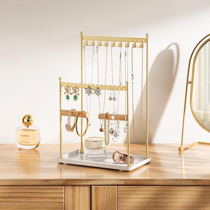 Jewelry Tower Necklace Holder Organizer – 3-Tier Jewelry Display Rack with Storage Tray – Holds 22 Pairs of Earrings, Bracelets, Rings, Necklaces – Gift for Girls & Women, Gold