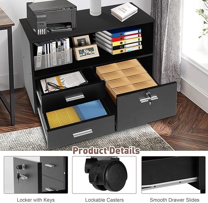 LUCKYERMORE 3-Drawer File Cabinet with Lock, Mobile Home Office Storage Cabinet with Shelves & Printer Stand, Black