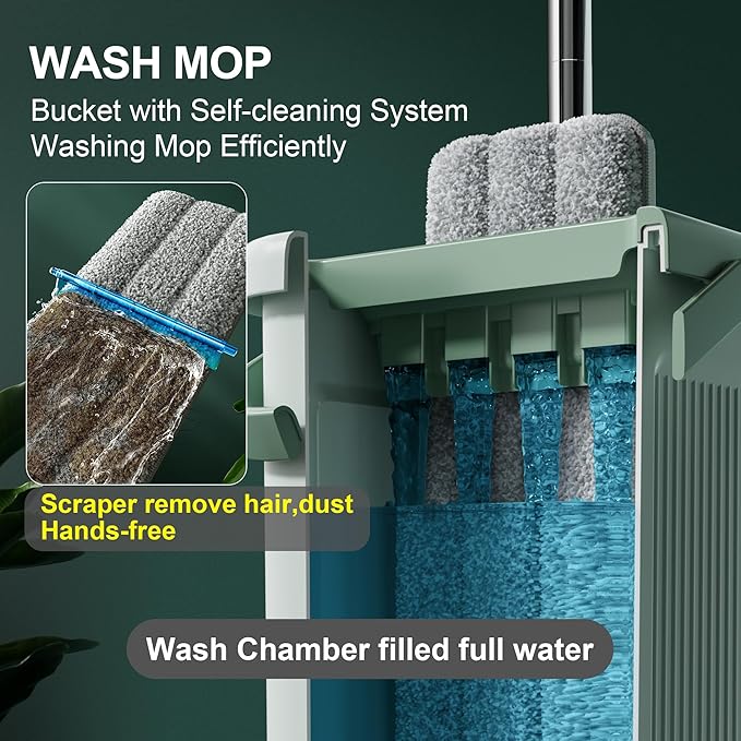 JOYMOOP 8L Large Capacity Flat Mop System (Light Green) with Extension Handle, Ideal for Floor, Window, and Wall Cleaning - Includes 3 Washable Microfiber Pads for Wet and Dry Use