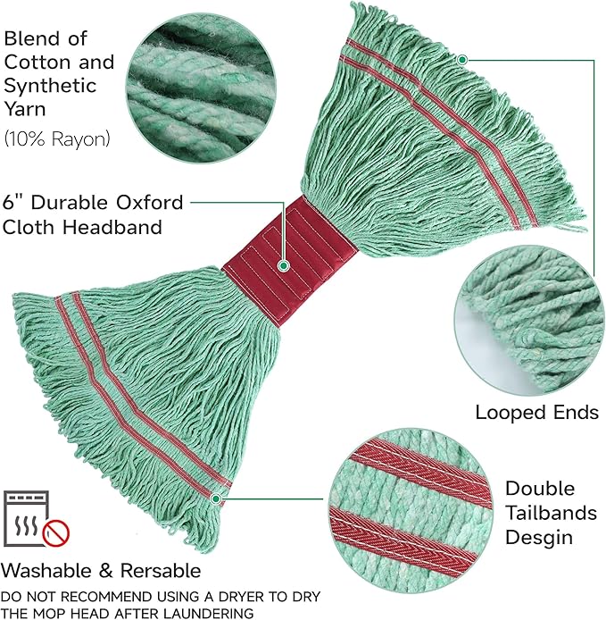ONESIMUS 30 oz Pack of 3 Cleaning Heavy Duty Industrial Commercial Grade Looped-End Mop Head Replacement,6'' Headband Cotton String Wet Mop Head Refills,Machine Washable Green Mop
