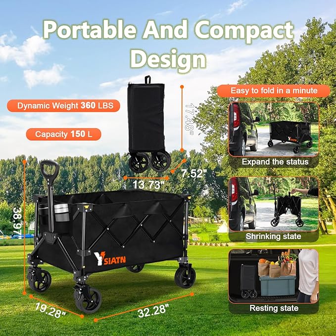 Collapsible Wagon Cart with Wheels Foldable, Folding Wagons Carts with All Terrain Wheels, Large Grocery Carts On Wheel, Heavy Duty Utility Wagons for Shopping Beach Sports, 150L, Black