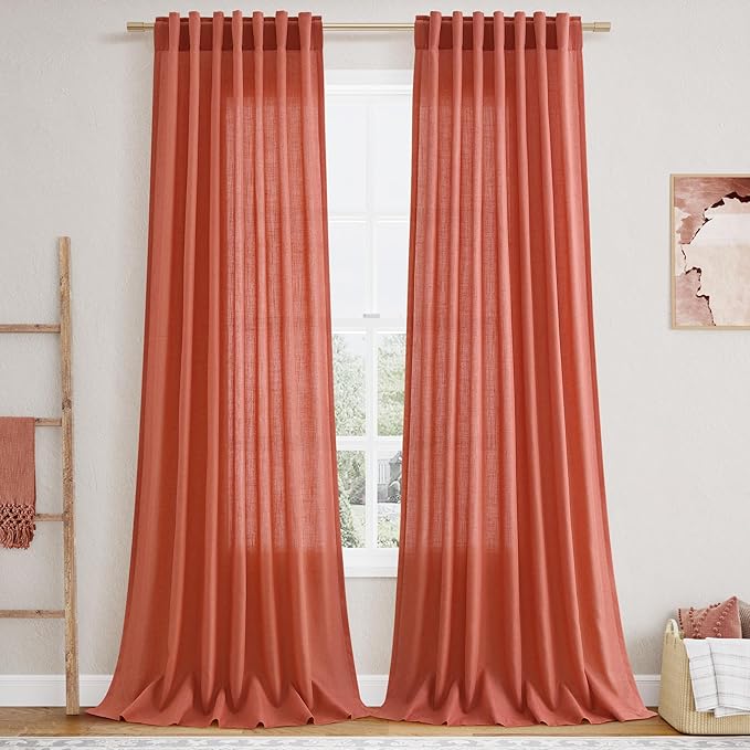 Coral Semi Sheer Linen Blend Curtains 108 Inches Long 2 Panels Set Back Tab Loop Pocket Light Filtering Boho Large Window Decor Extra Long Drapes for High Ceiling Living Room 52x108
