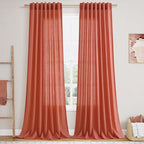 Coral Semi Sheer Linen Blend Curtains 108 Inches Long 2 Panels Set Back Tab Loop Pocket Light Filtering Boho Large Window Decor Extra Long Drapes for High Ceiling Living Room 52x108