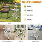 3 Tired Folding Grill Cart, Metal Pizza Oven Stand Table with 2 Total Lock Casters, Stainless Steel Outdoor Rolling Cart with Wheels for Home Party, Bar, Camping