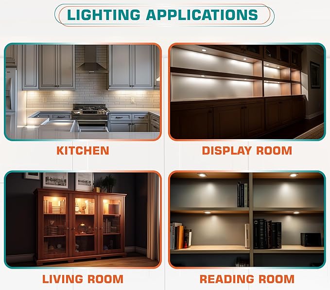 Single LED Kitchen Under Cabinet Puck Light, 120V Direct Wall Plug in Closet Cupboard Night Light, Easy to Mount, Inline On Off Switch, White Wires, 2 Packs, Warm White