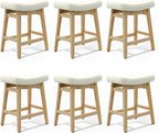 Counter Height Bar Stools Set of 6 for Kitchen Counter Backless Farmhouse Kitchen Island Barstools with Upholstered Faux Leather Saddle Seat and Solid Wood Legs Modern 24 inch Bar Chairs, White