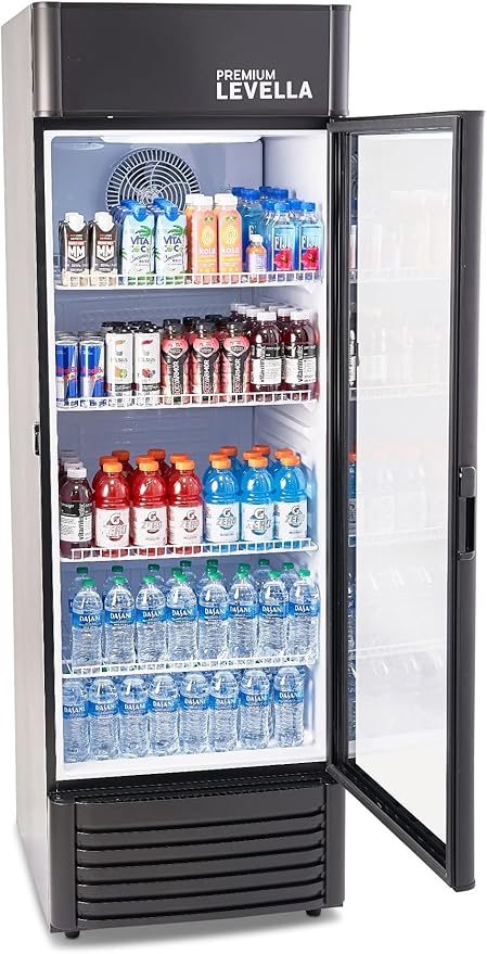 PremiumLevella PRF1557DX Glass Door Display Refrigerator 15.5 cu ft Commercial Beverage Cooler Merchandiser With Customizable Lightbox - Black