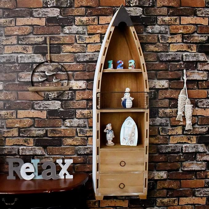 Morning View Wood Boat Cabinet, Rustic Nautical Decor, 2 Shelves & 2 Drawers, 45.3 Inch