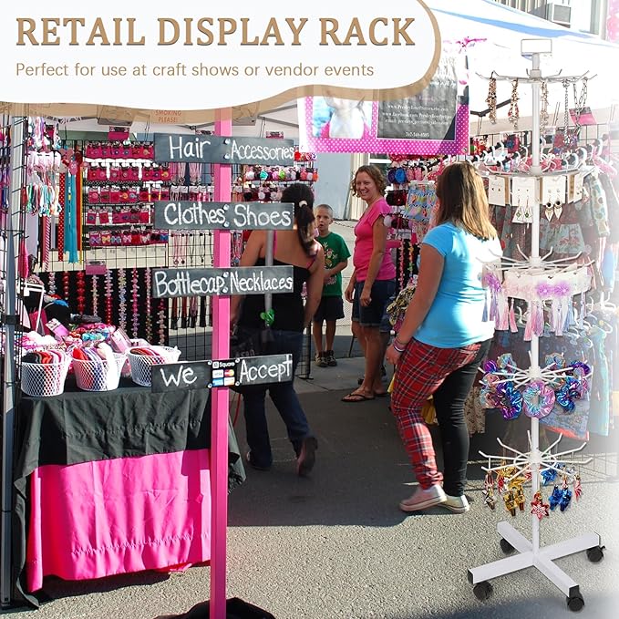 5-Tier Metal Spinning Display Stand Rack with Wheels, Keychain Jewelry Stocking Hat Display Stand, White