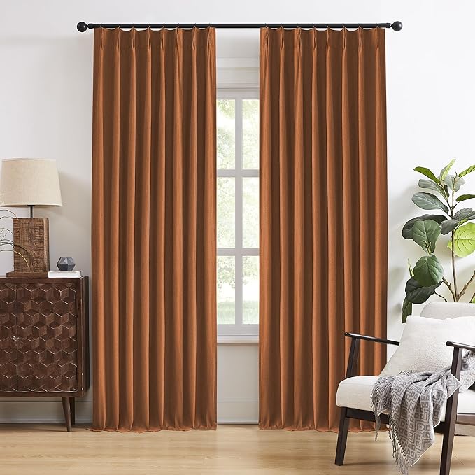 DUALIFE Pinch Pleatd Blackout Curtains 95 Inches Long, Boho Linen Rustic Copper Color Retro Room Darkening Privacy Curtains Drapes with Hooks for Living Room Bedroom 2 Panels Terra Cotta Rust 50x95