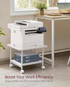 VASAGLE Heavy-Duty Printer Stand with Locking Wheels, 2-Tier Industrial Mobile Cart with Storage Shelf, Under Desk Printer Table for Home, Office, 13.4" Height, White UOPS002W01