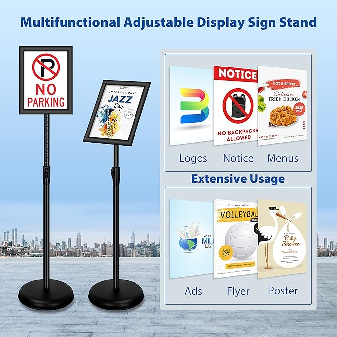 6Packs 8.5x11 Inch Adjustable Pedestal Poster Sign Stand, Heavy Duty Floor Standing Sign Holder Stand Aluminum Snap Open Frame for Vertical and Horizontal View Sign Displayed(Black)