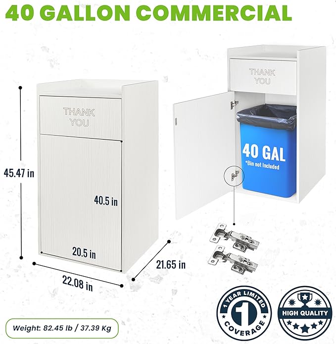 Alpine Restaurant Trash Can Cabinet - Commercial Trash Can 40 Gallon, Garbage Receptacle Indoor with Tray Holder for Restaurants, Cafeterias (White)