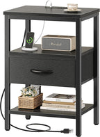 SUPERJARE Nightstand with Charging Station, Bed Side Table with Adjustable Fabric Drawer, Night Stand for Bedroom, 3-Tier Storage End Table, for Living Room, Black