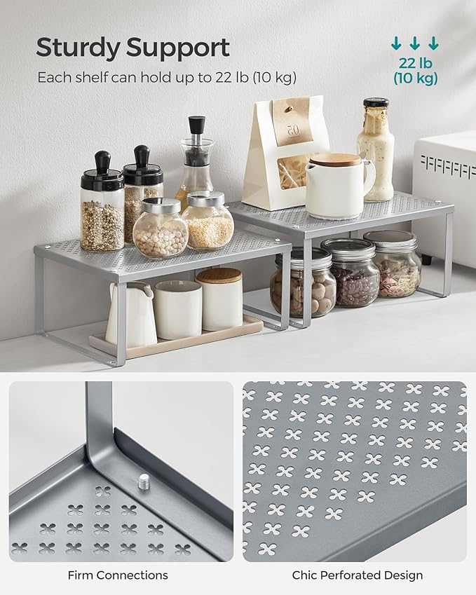 SONGMICS Spice Racks, Set of 4 Metal Cabinet Shelf Organizers, Countertop Organizers, Shelf Risers, Stackable, Expandable, Silver UKCS006S01