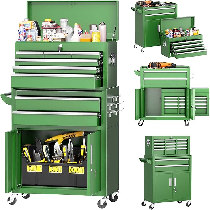 INTERGREAT 8-Drawers Rolling Tool Chest, Assembled Tool Chest with Wheels, Detachable Top Tool Box, Tool Cabinet for Repair Room,Warehouse, Rolling Tool Box with Hooks,Tray Divider,Liners(Green)