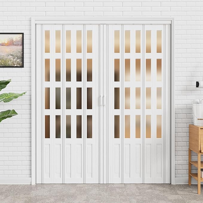 61-72 x 80in (Double 24-36) Accordion Doors Interior Folding Door, 4 Frosted Acrylic Glass White PVC Accordion Door with Upgraded Roller & Handle& Complete Hardware for Closet Bathroom Doorways