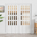 73-96 x 80in (Double 37-48) Accordion Doors Interior Folding Door, 4 Frosted Acrylic Glass White PVC Accordion Door with Upgraded Roller & Handle& Complete Hardware for Closet Bathroom Doorways