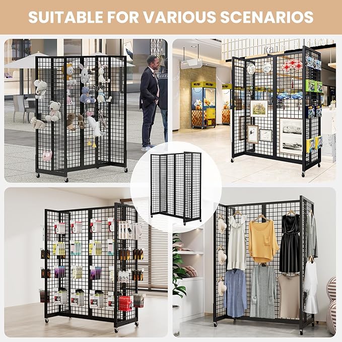 4Pcs Grid Gondola Unit, 2'x 5' Grid Wall Panels with Sturdy Frames, Gridwall Display Stand with Wheels, Craft Show Gridwall Display Rack for Craft Fair Display, Art Show Display, Retail Stores