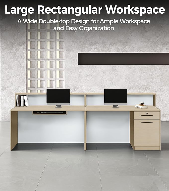 71" Modern Reception Desk with LED Lights, Front Desk Reception Counter with Lockable Drawer, Storage Cabinet & Keyboard Tray for Office, Salon, Checkout (Maple + White)