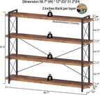 HCHQHS Large Bookshelf, 4-Tier Long Industrial Bookcase, Rustic Brown Book Shelf, Freestanding Horizontal Bookshelves with Metal Frame