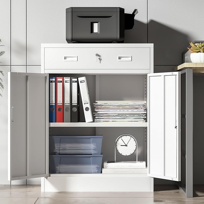 Metal Storage Cabinet, Locking Cabinet with 1 Drawer and Adjustable Shelf, 36" H x 28" W x 16" D Steel Storage Cabinet for Office, Garage, Home-White