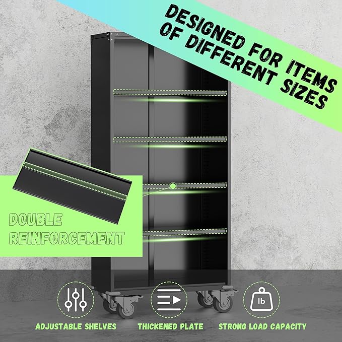 INTERGREAT Metal Storage Cabinet with Wheels, 75" Garage Storage Cabinets with Door and 4 Shelves, Tool Storage Locker on Caster for Home, Office, Black
