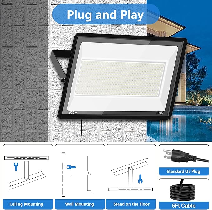 2 Pack 600W LED Flood Lights Outdoor,(3000W Equivalent), 66000LM 6000K Daylight White Super Bright Security Arena Light with Plug, IP66 Waterproof Commercial Lighting for Yard, Courts ,Stadium