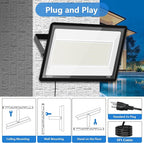2 Pack 600W LED Flood Lights Outdoor,(3000W Equivalent), 66000LM 6000K Daylight White Super Bright Security Arena Light with Plug, IP66 Waterproof Commercial Lighting for Yard, Courts ,Stadium