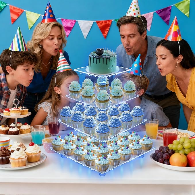 YestBuy 4 Tier Acrylic Cupcake Stand Afternoon Tea Cake Stand Large Cupcake Stand Cupcake Tower Cupcake Holder for Pastry + LED Light String Ideal for Weddings Birthday Bar Party Décor (Blue Light)