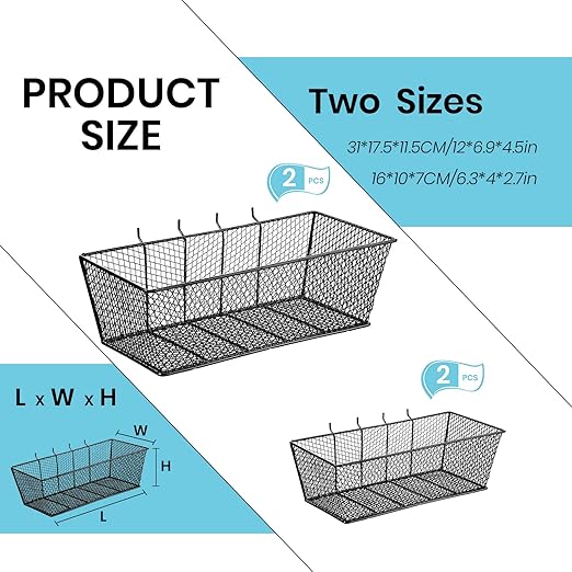Sieral 4 Pcs Black Pegboard Baskets Metal Wire Shelf Baskets Peg Board Organizer Accessories Wall Mount Organizer Attachments for Garage Workbench Various Tool Accessories, 2 Sizes (Small, Large)