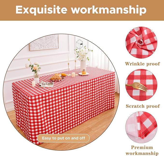 HolidayIdeas Fitted Checkered Christmas Tablecloths for 6 Foot Tables - 72 x 30 Inch - 2 Pack Rectangle Buffalo Plaid Table Cover for Parties,Trade Show (Red and White)