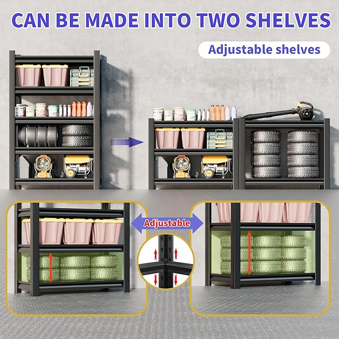 2 Sets Garage Shelving Unit 24" D x 48" W x 87" H Heavy Duty Storage Shelves Easy Assembly 5 Tier Adjustable Metal Shelving Utility Shelf Rack Storage Organizer for Garage, Basement, Warehouse